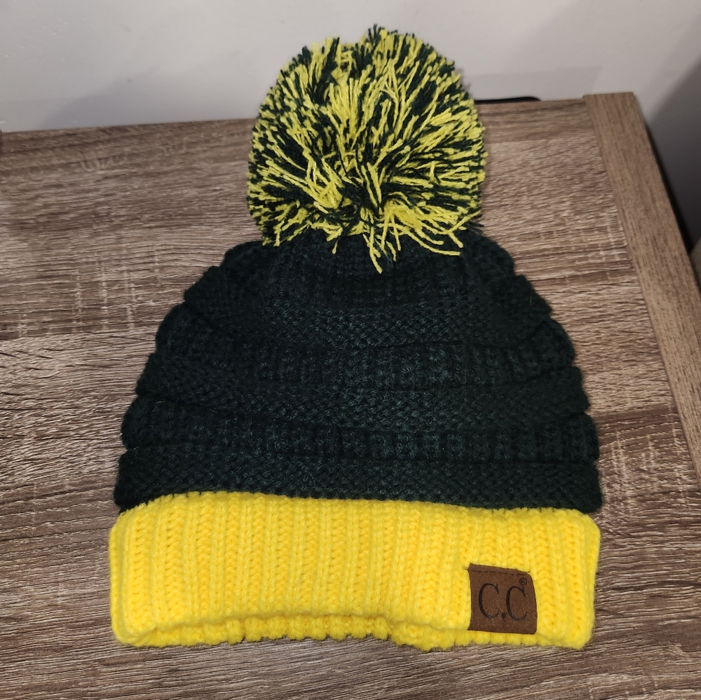 C.C Exclusives Beanie Knit Hat Pompom with Green Yellow Cable Knit Stretch.